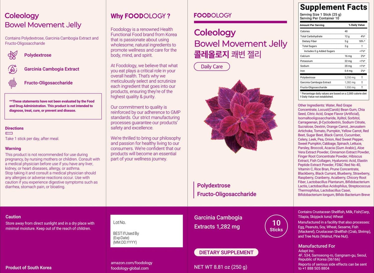 Grape bowel movement jelly product label panels with supplement facts box