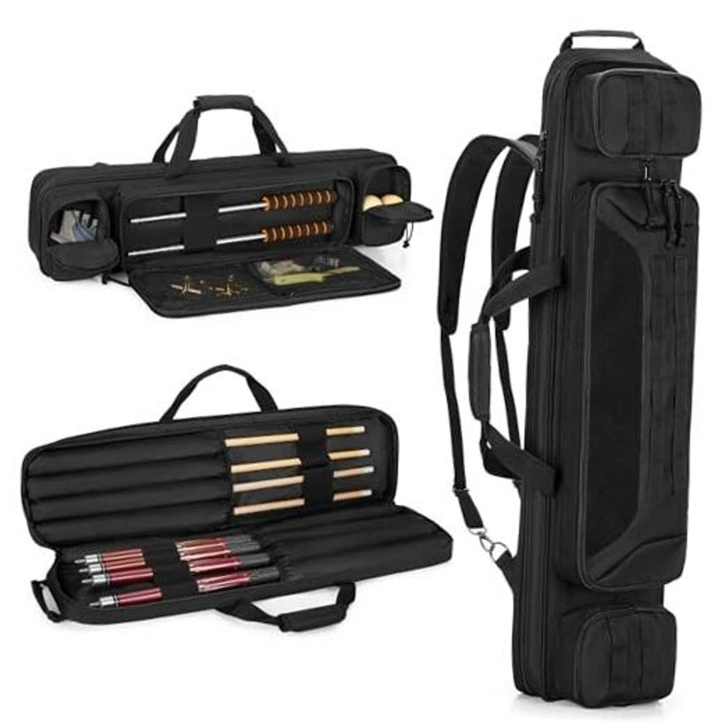 Black cue case backpack with open lid showing cue tubes and accessory slots