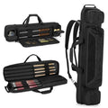 Black cue case backpack with open lid showing cue tubes and accessory slots