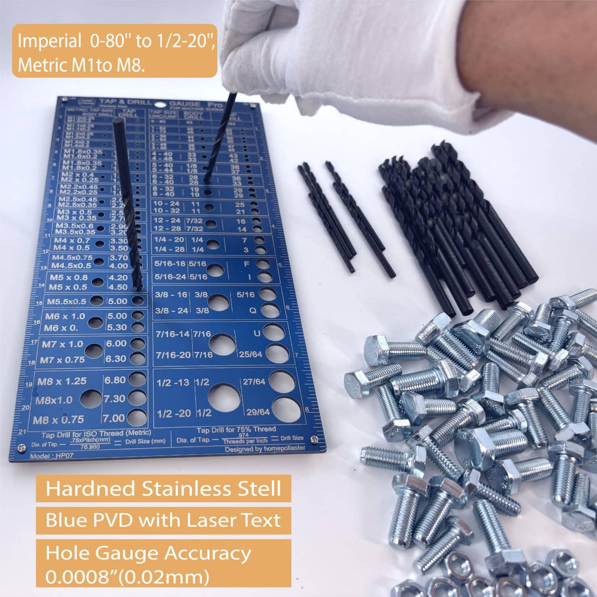 Tap and drill gauge chart with drill bits and screws held near the table