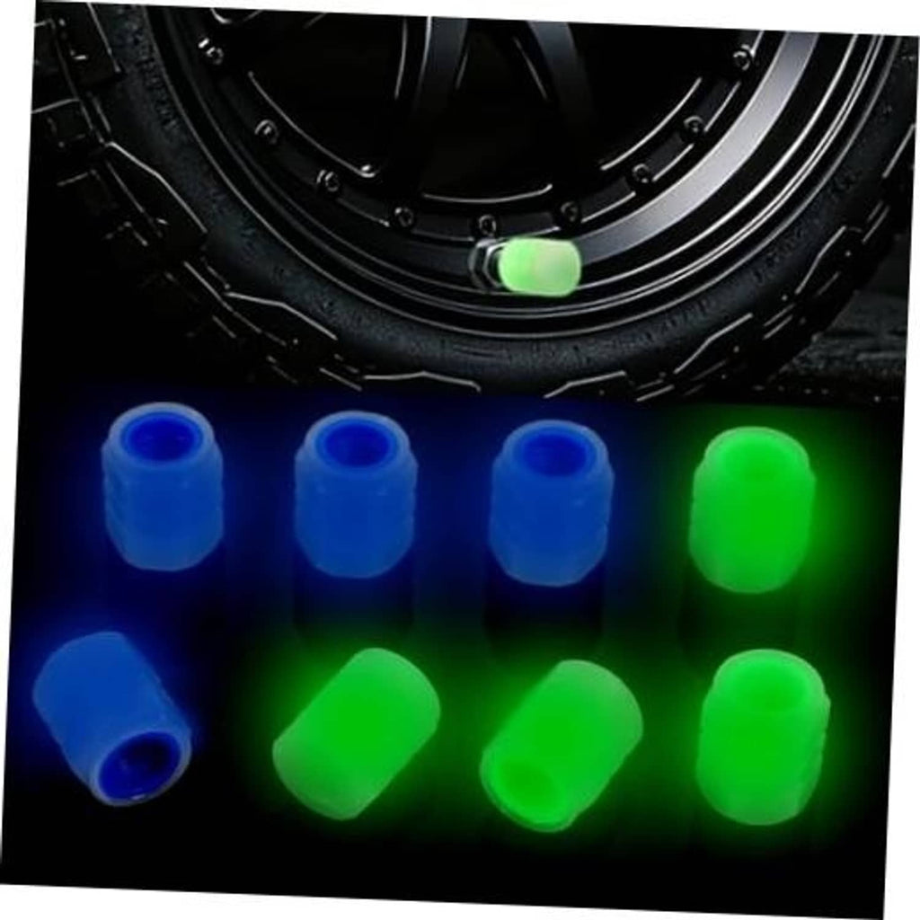 Glow-in-the-dark tire valve stem caps set with blue and green translucent covers