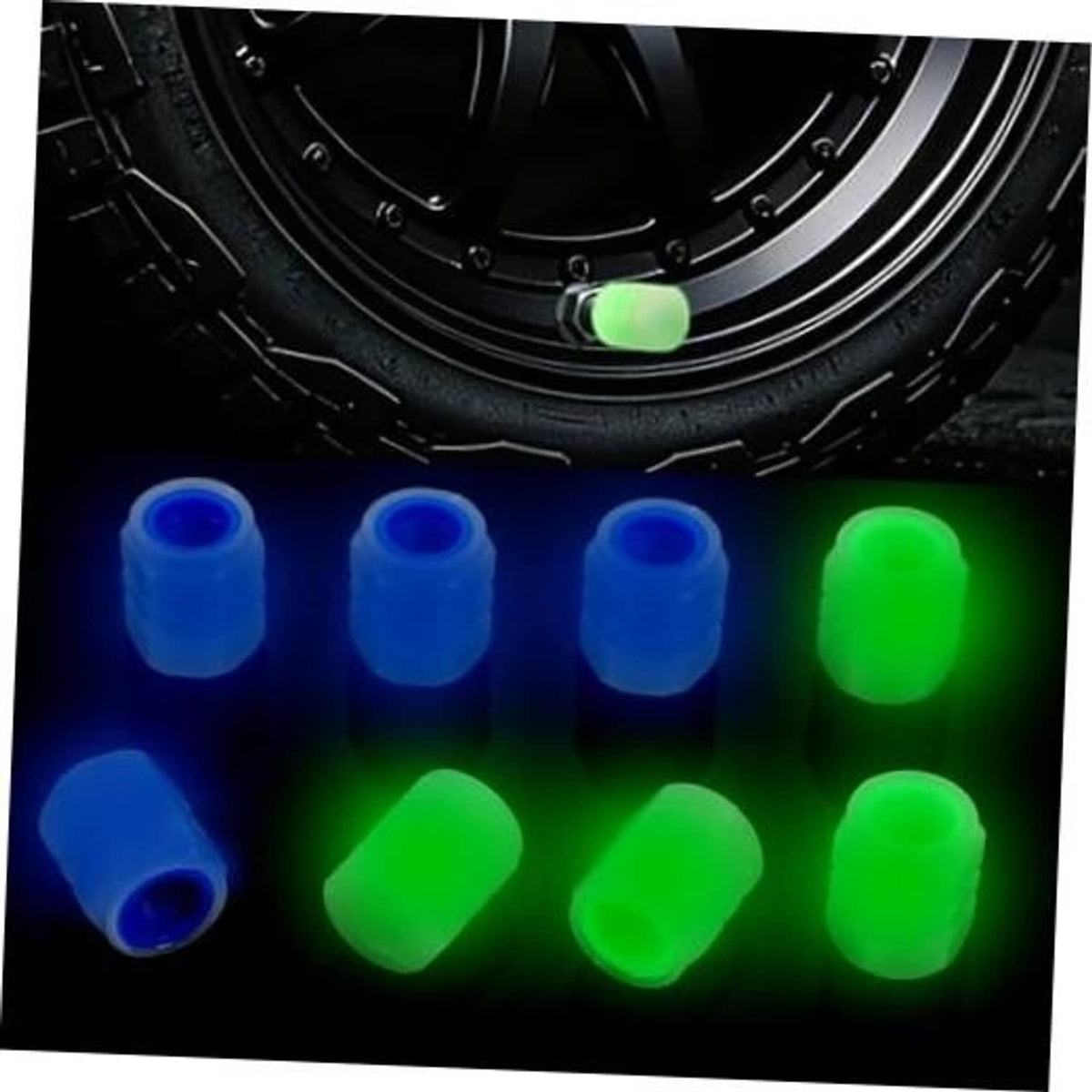 Glow-in-the-dark tire valve stem caps set with blue and green translucent covers
