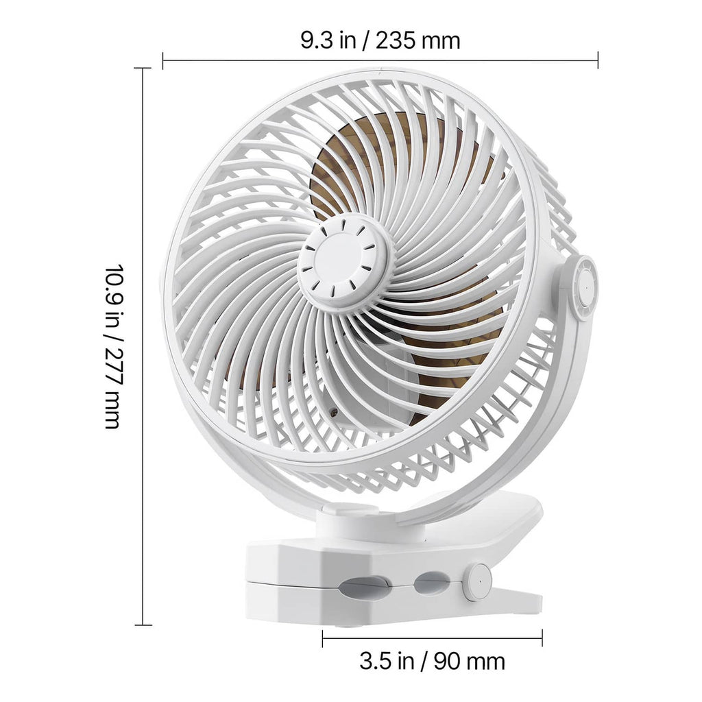 White portable USB fan shown in close-up with front grille and round hub