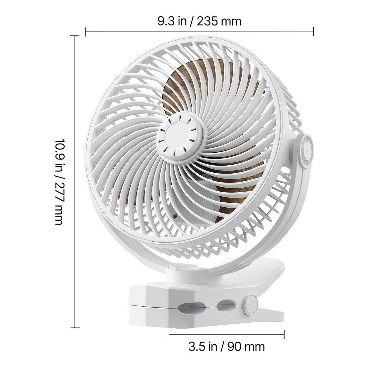White portable USB fan shown in close-up with front grille and round hub