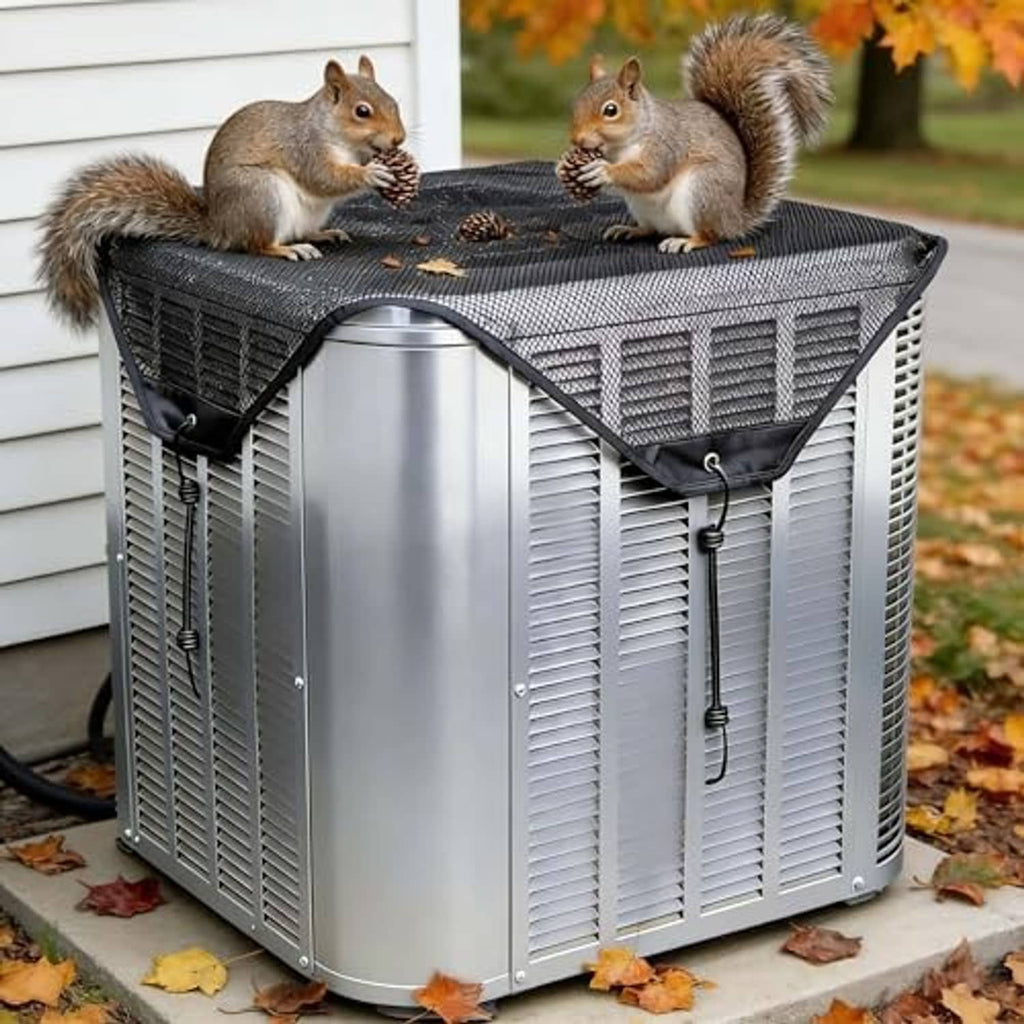 Outdoor AC mesh cover on a silver condenser, with dark top and tie closures
