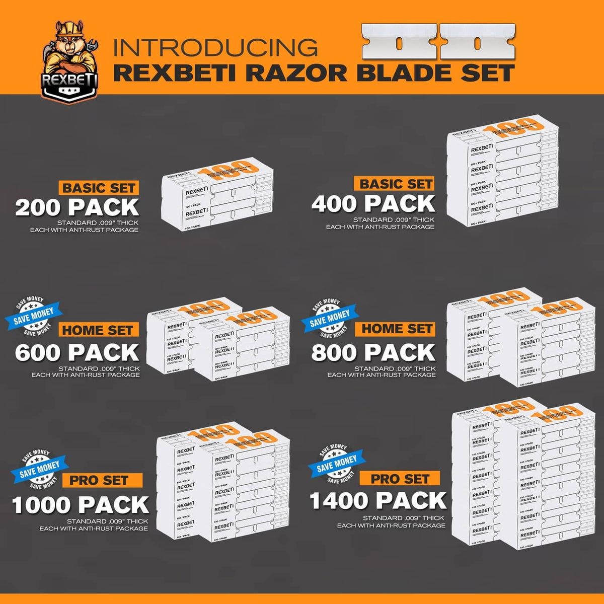 Rexbeti razor blade set with 200, 400, 600, 800, 1000, and 1400 packs shown