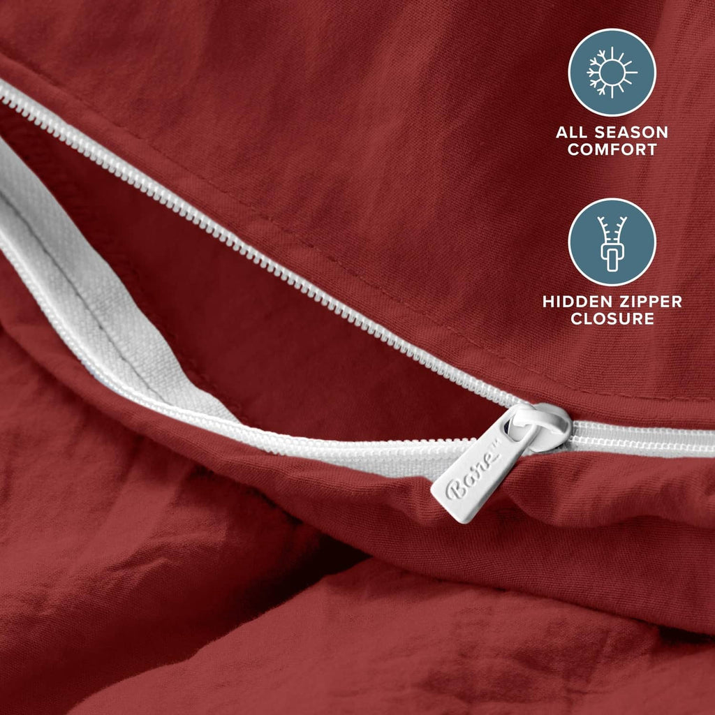 Red duvet cover with hidden zipper closure and zipper pull detail