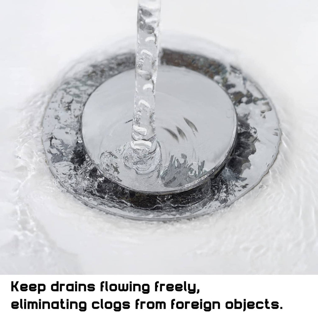 Chrome bathroom sink pop-up stopper head with water draining from the drain hole