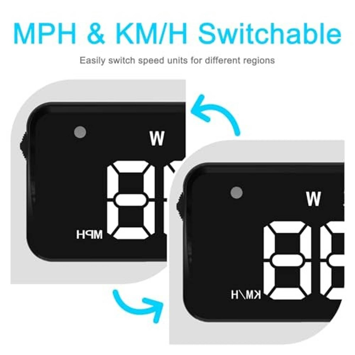 Black heads-up display with switchable speed unit view and arrow indicators