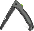 Folding hand pruning saw with serrated blade and textured dark grip handle