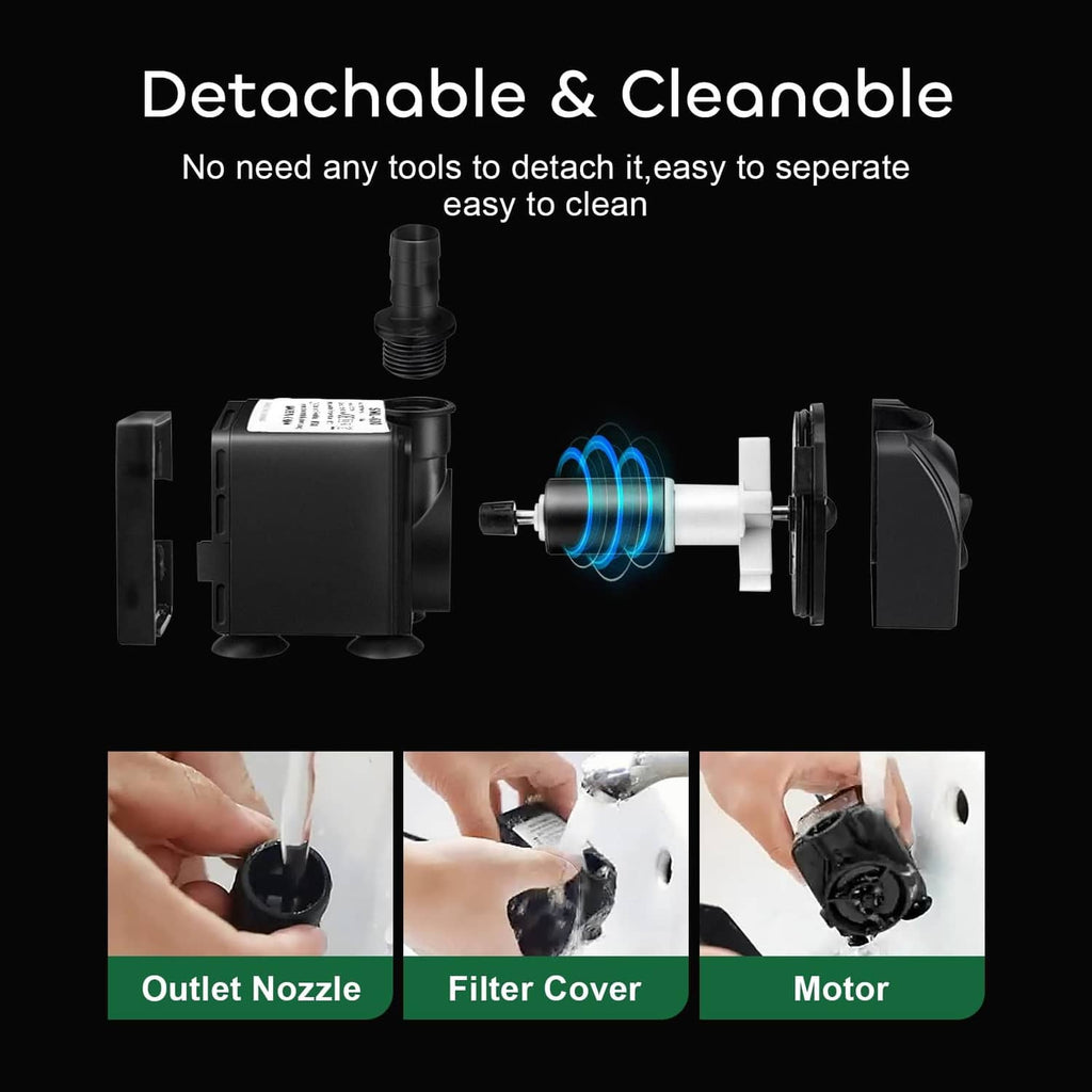 Black submersible water pump with detachable parts and outlet nozzle