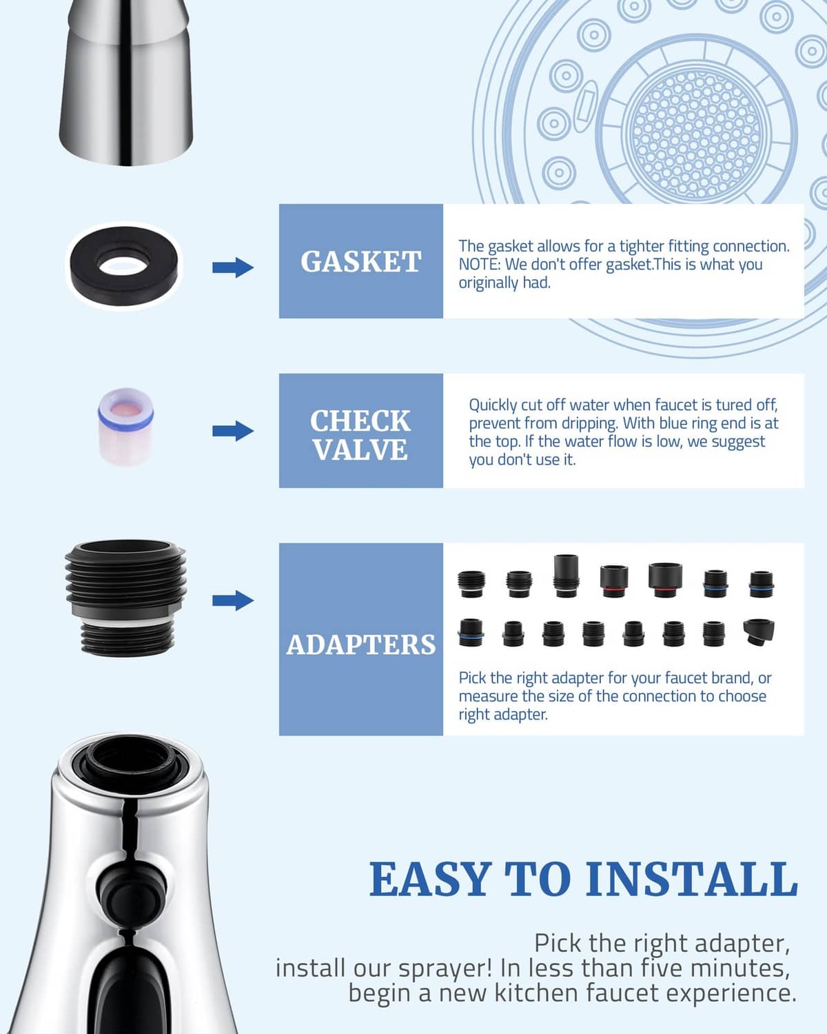 Chrome kitchen faucet spray head replacement kit with gasket, check valve, adapters