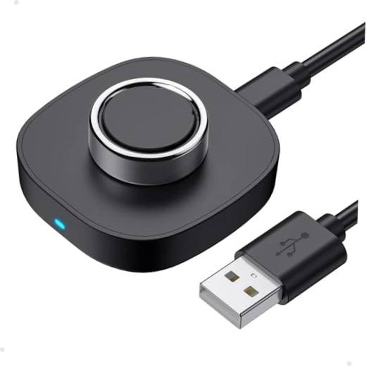 Black charging dock stand with circular charging module and USB power cable