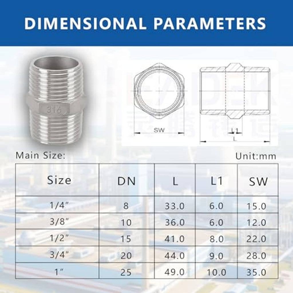 316 stainless steel 3/8 in NPT hex nipple adapter with dimensional chart overlay