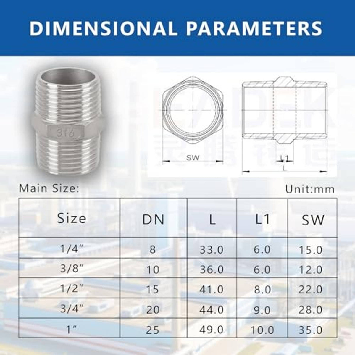 316 stainless steel 3/8 in NPT hex nipple adapter with dimensional chart overlay