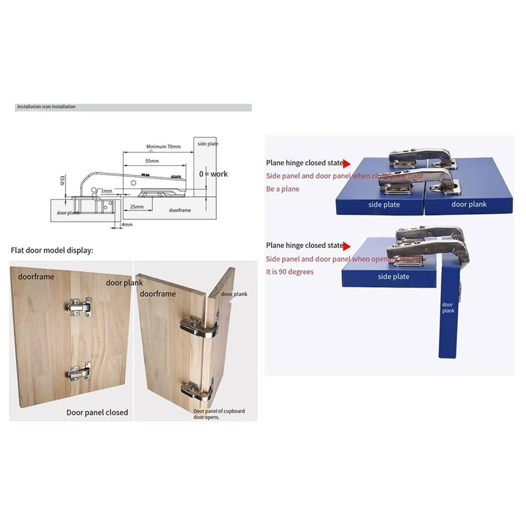 Concealed corner cabinet hinge parts and installation diagram with door panel