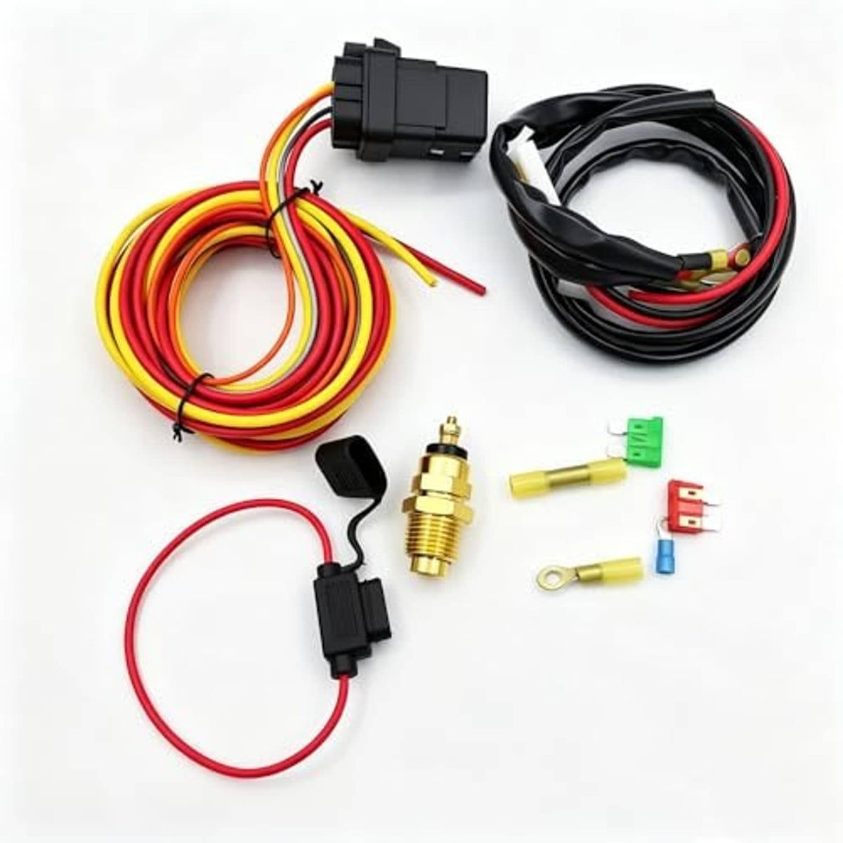 Electric cooling fan wire harness kit with ring terminals, sensor, and multi-color lead wires