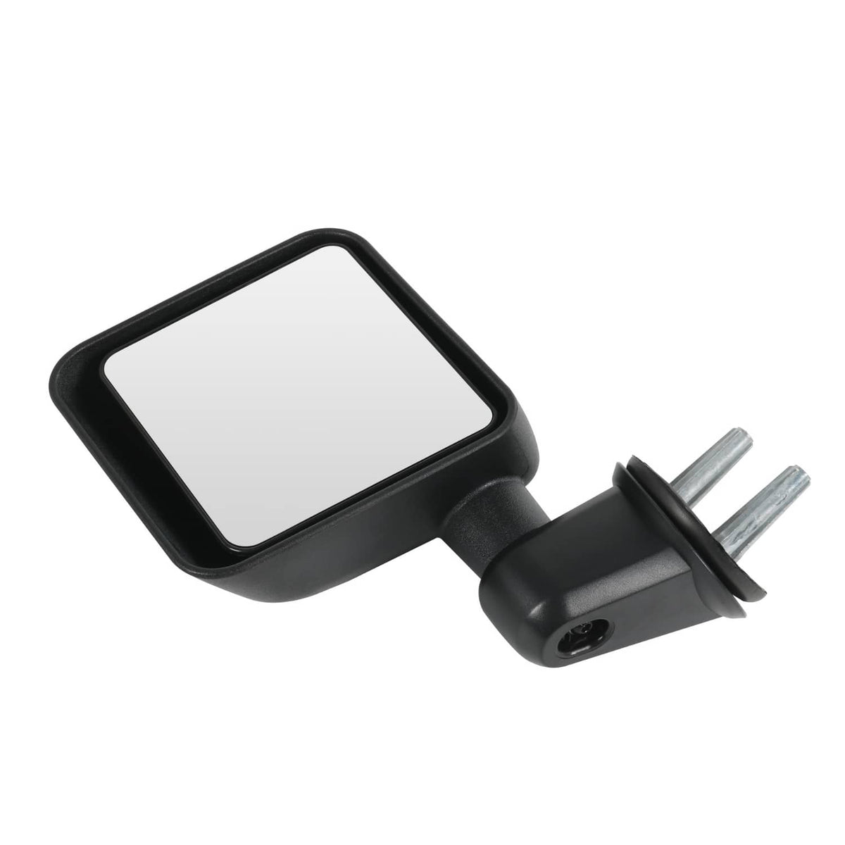 Black square side mirror with clear glass and fork-style mounting bracket