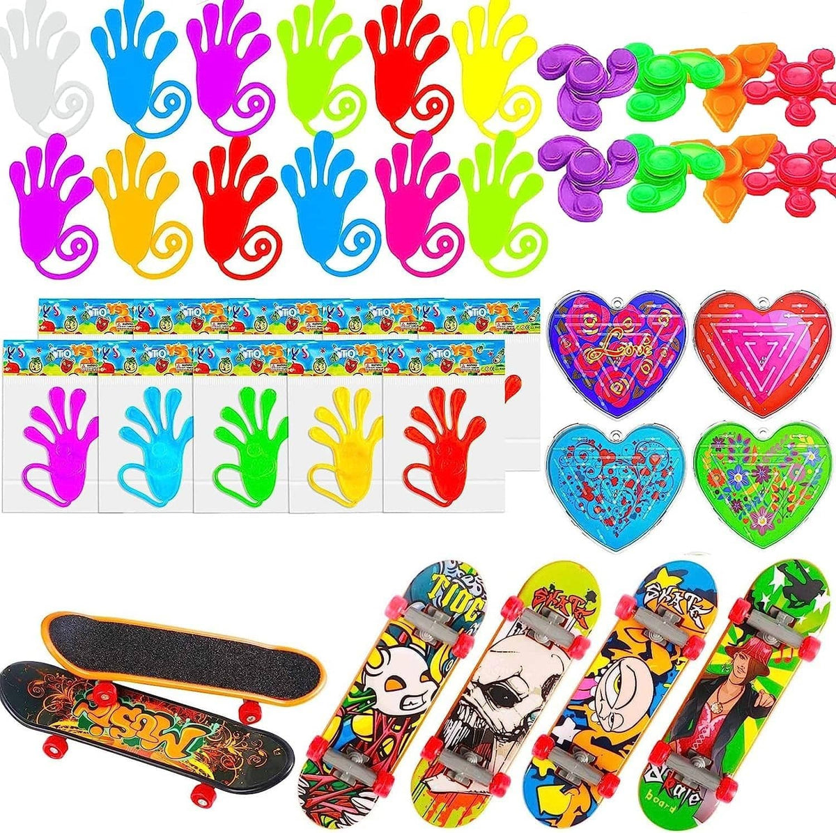 Silicone handprint stress toys, heart pop keychains, and colorful skateboard toys