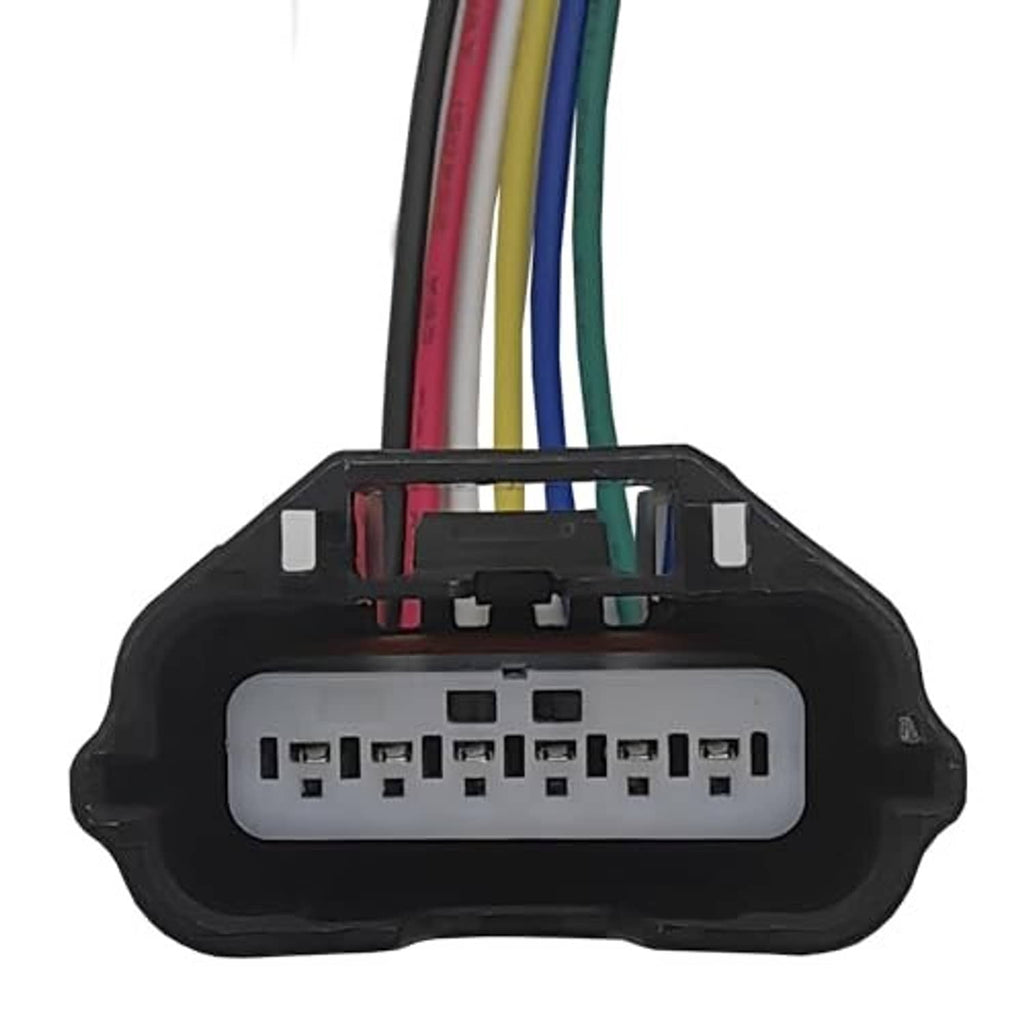 Black plastic multi-pin connector with rectangular socket and colored wires