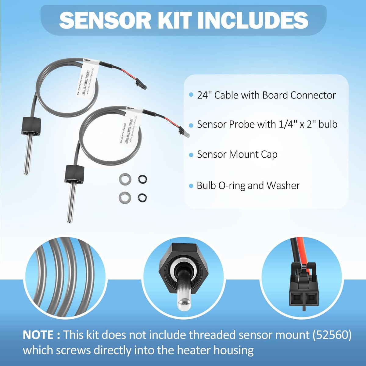 Sensor kit components: 24 in cable, probe, mount cap, O-rings and washers