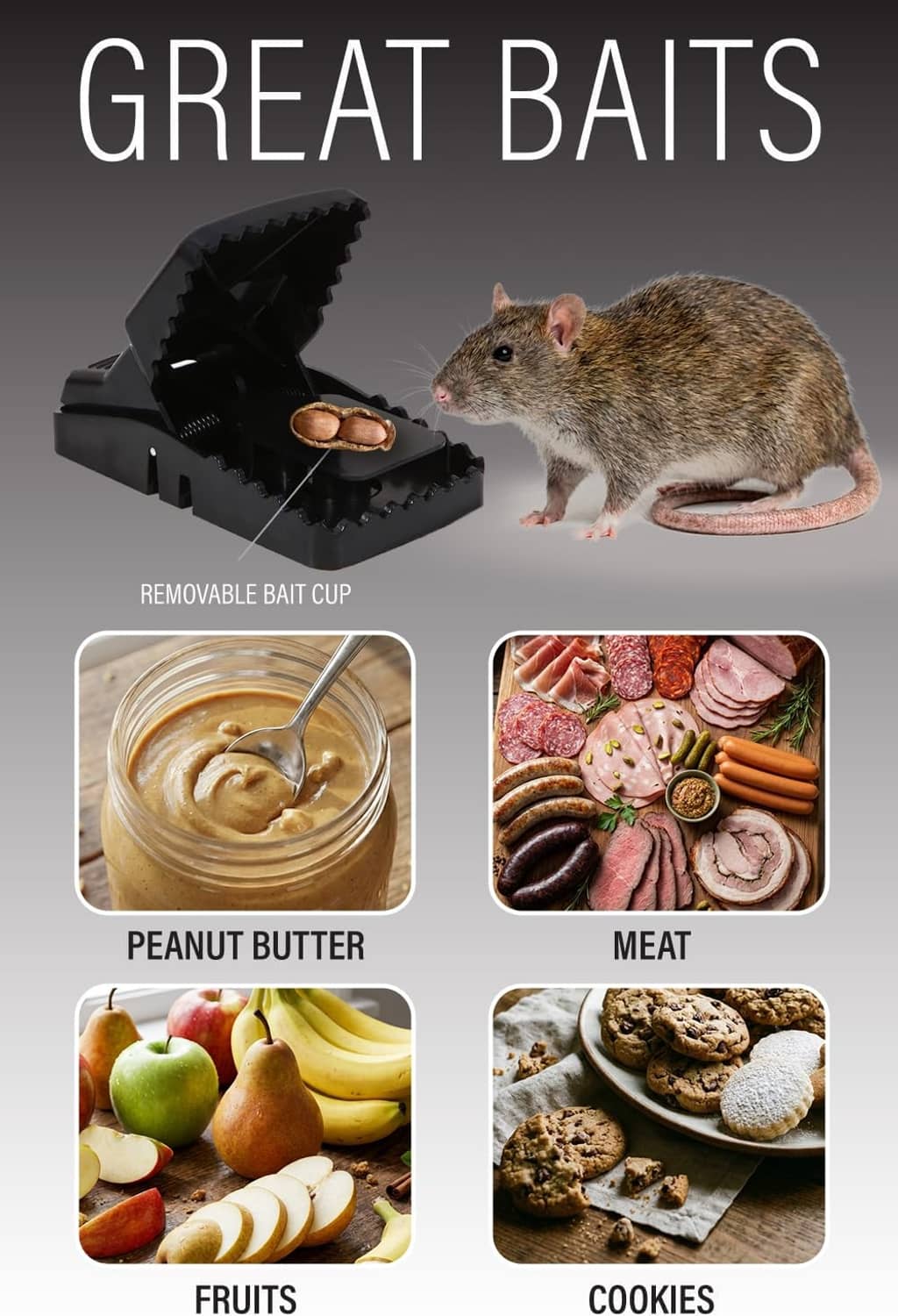 Snap rat trap with bait cup and illustrated rat with bait options