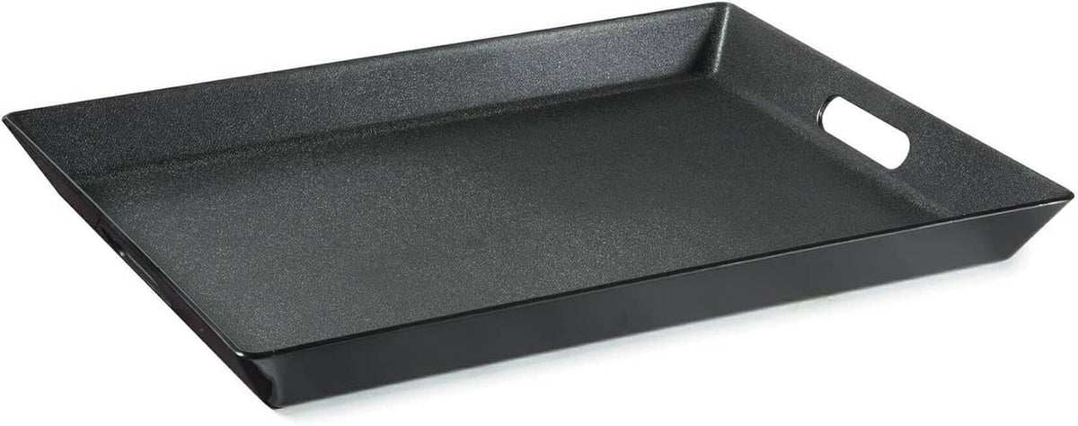 Non-skid black serving tray with handle cutout and low raised edges, rectangular