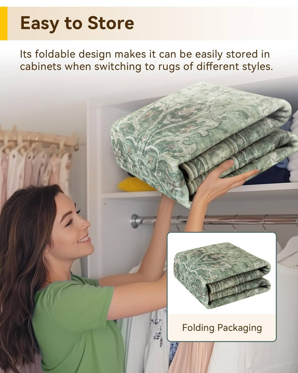 Green area rug folded stacked for easy storage in a cabinet space