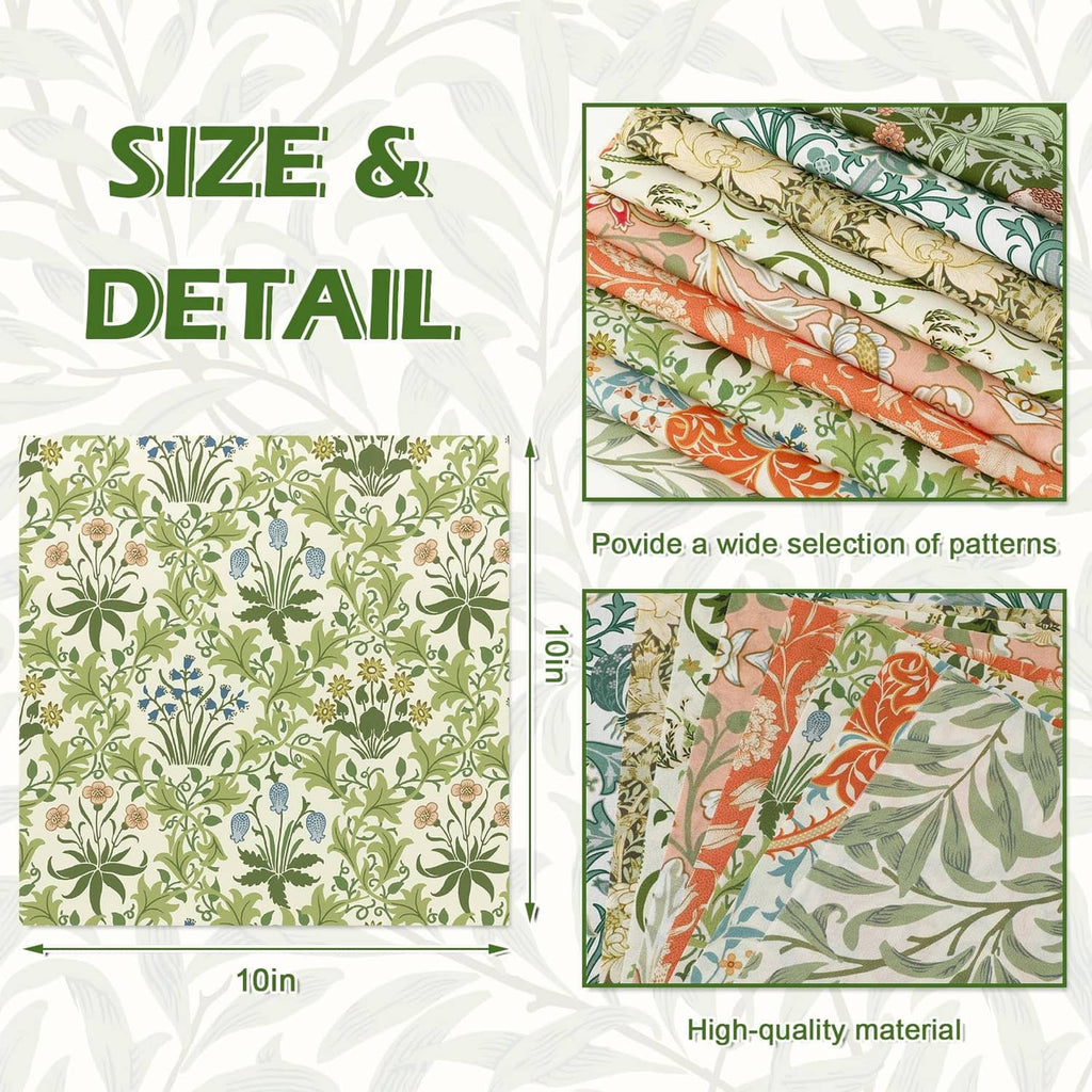 Floral cotton fabric squares with green and orange botanical prints