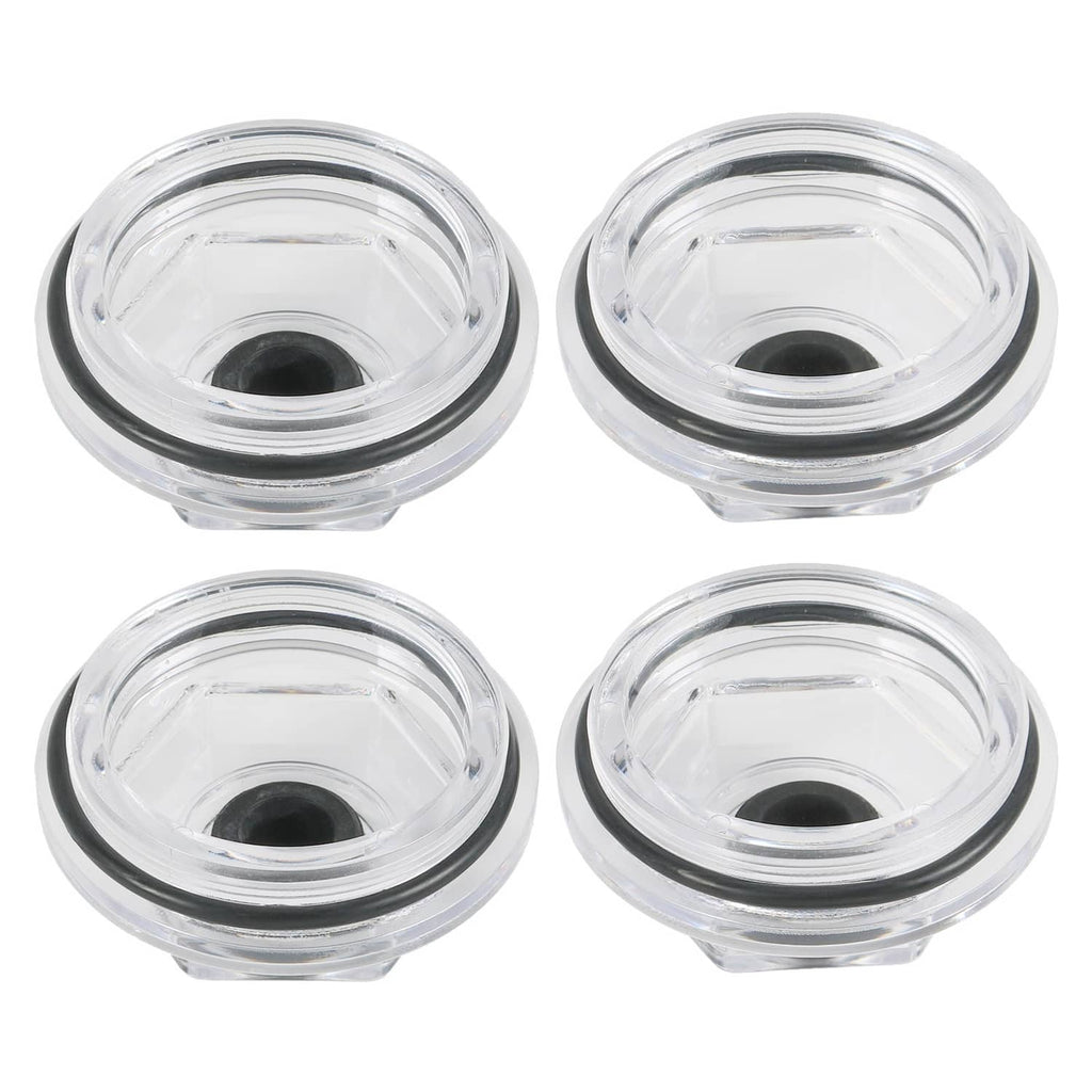 Four oil bath dust caps, top view, clear plastic bodies with black center inserts