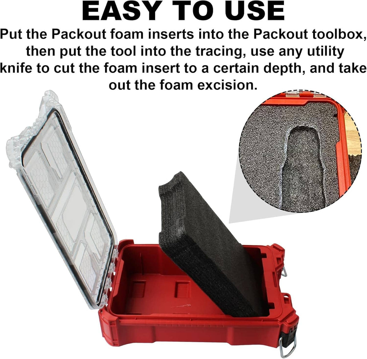 Gray foam insert wedge for red toolbox, molded cavity cutout