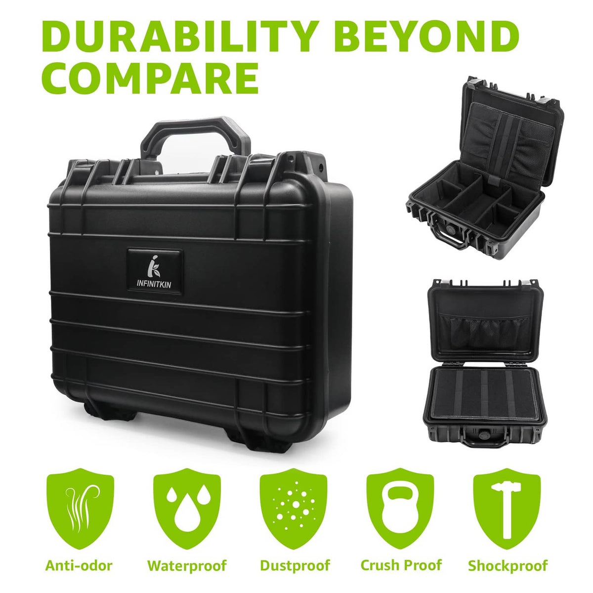 Black rugged hard case with top handle, shown closed and with open compartments