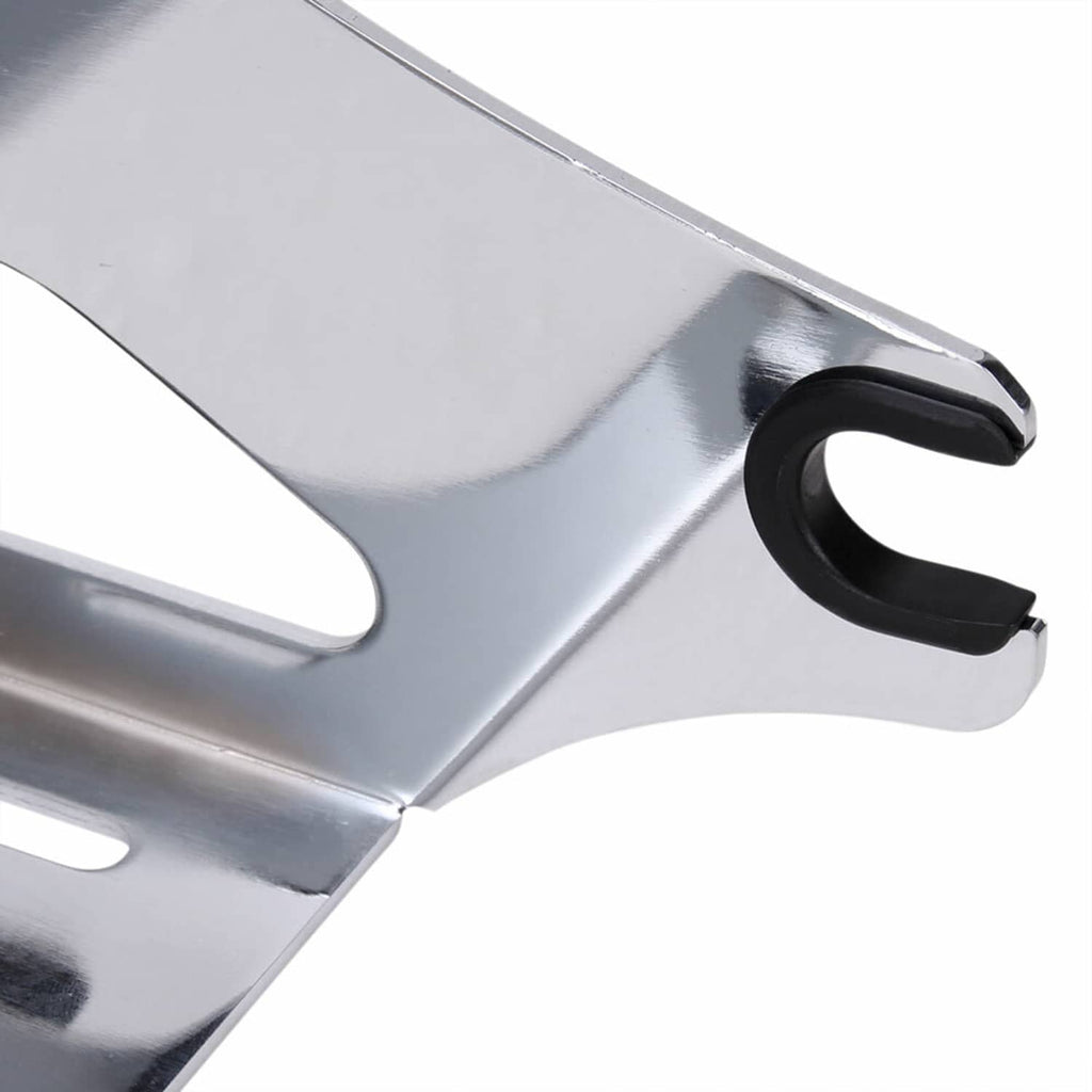 Close-up of chrome metal bracket with black hook-style attachment end