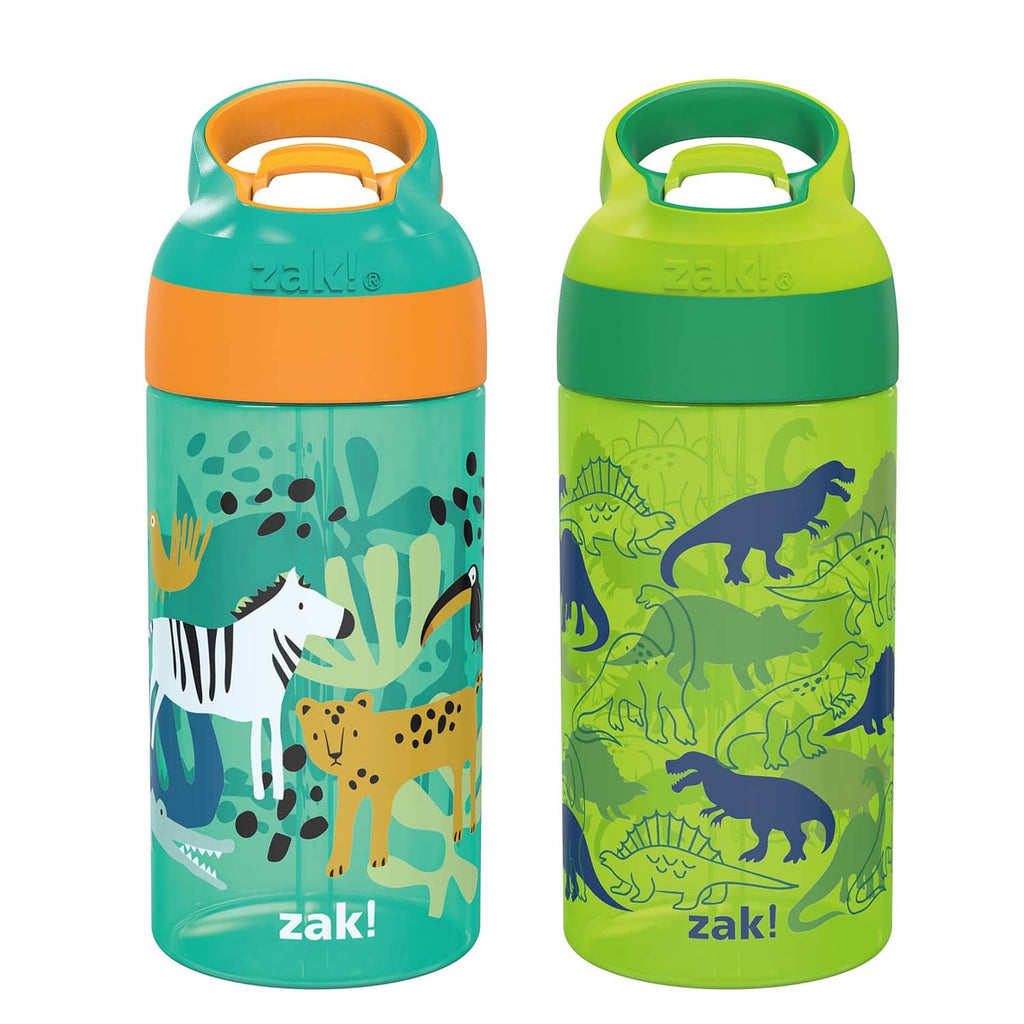 Kids water bottles with teal and lime dinosaur camo prints, flip spout lids