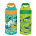 Kids water bottles with teal and lime dinosaur camo prints, flip spout lids