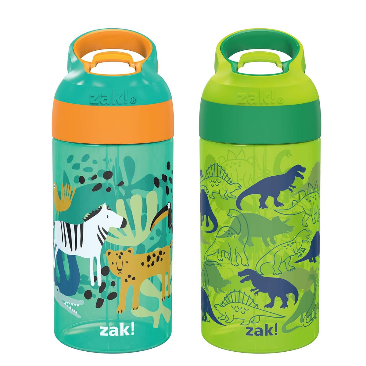 Kids water bottles with teal and lime dinosaur camo prints, flip spout lids