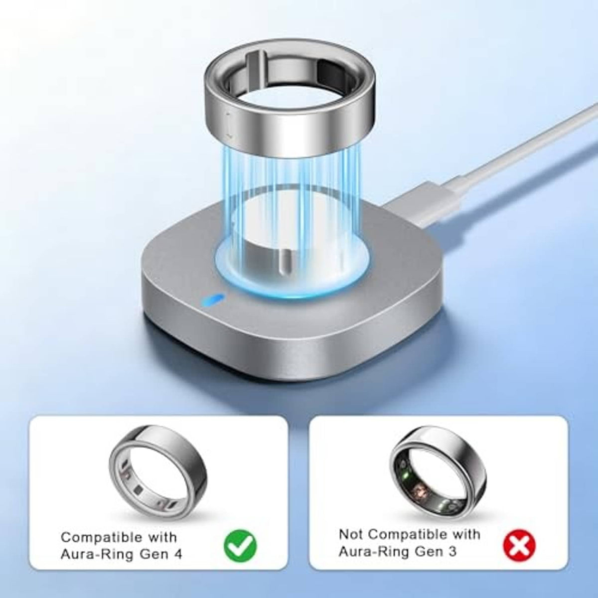 Gray charging dock showing ring cradle with blue charging light