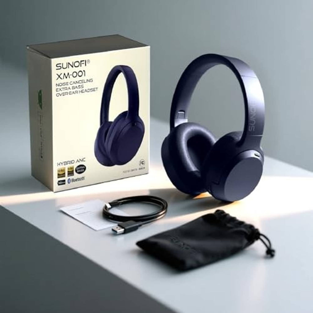 Blue over-ear wireless headphones with retail box, cable, and carrying pouch