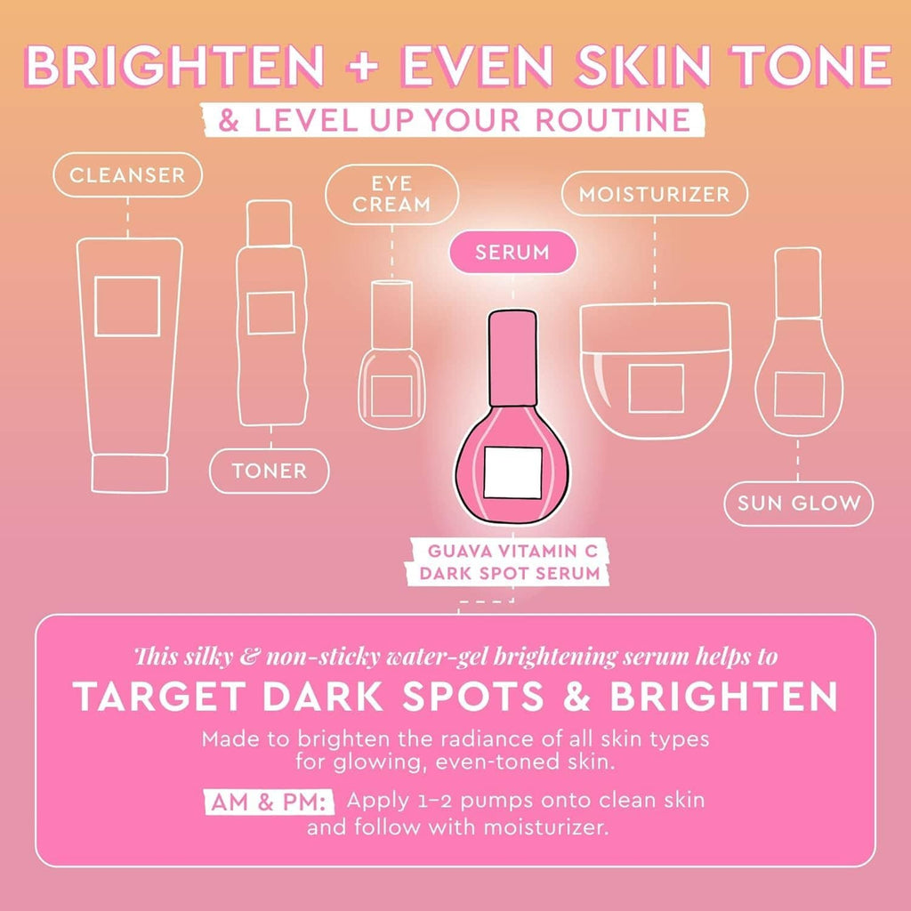 Pink guava vitamin C dark spot serum bottle with dropper, centered