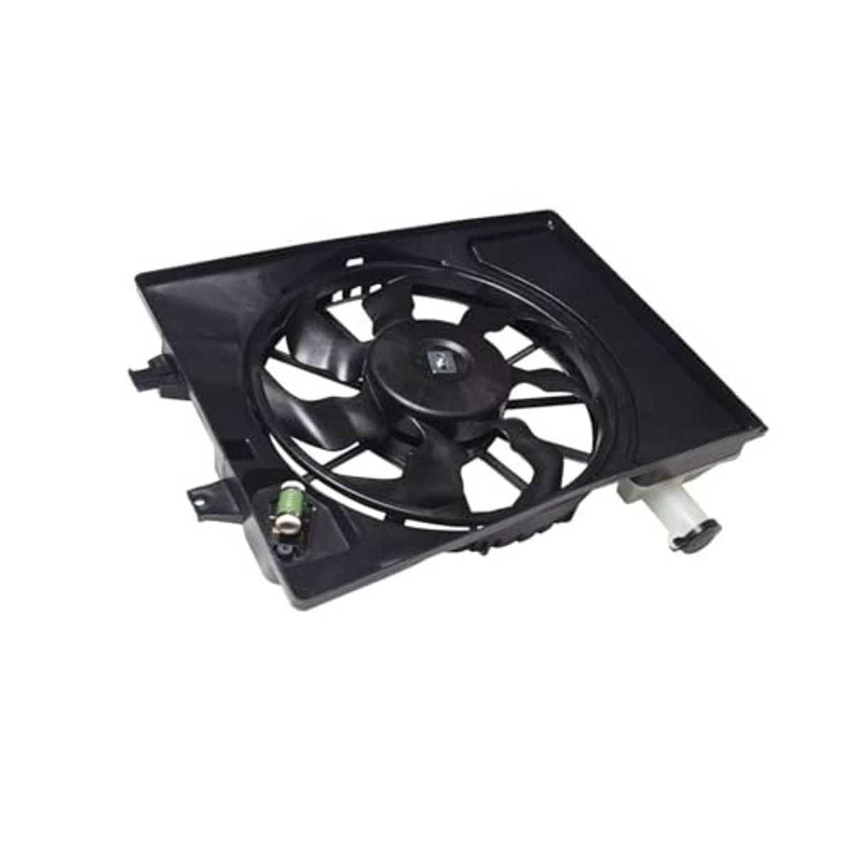 Black radiator cooling fan assembly with electrical connector and mounting frame