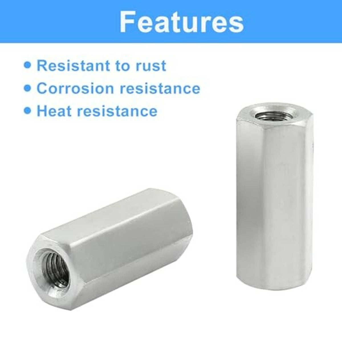 Silver M6 hex coupling nuts with internal threaded openings, corrosion resistant
