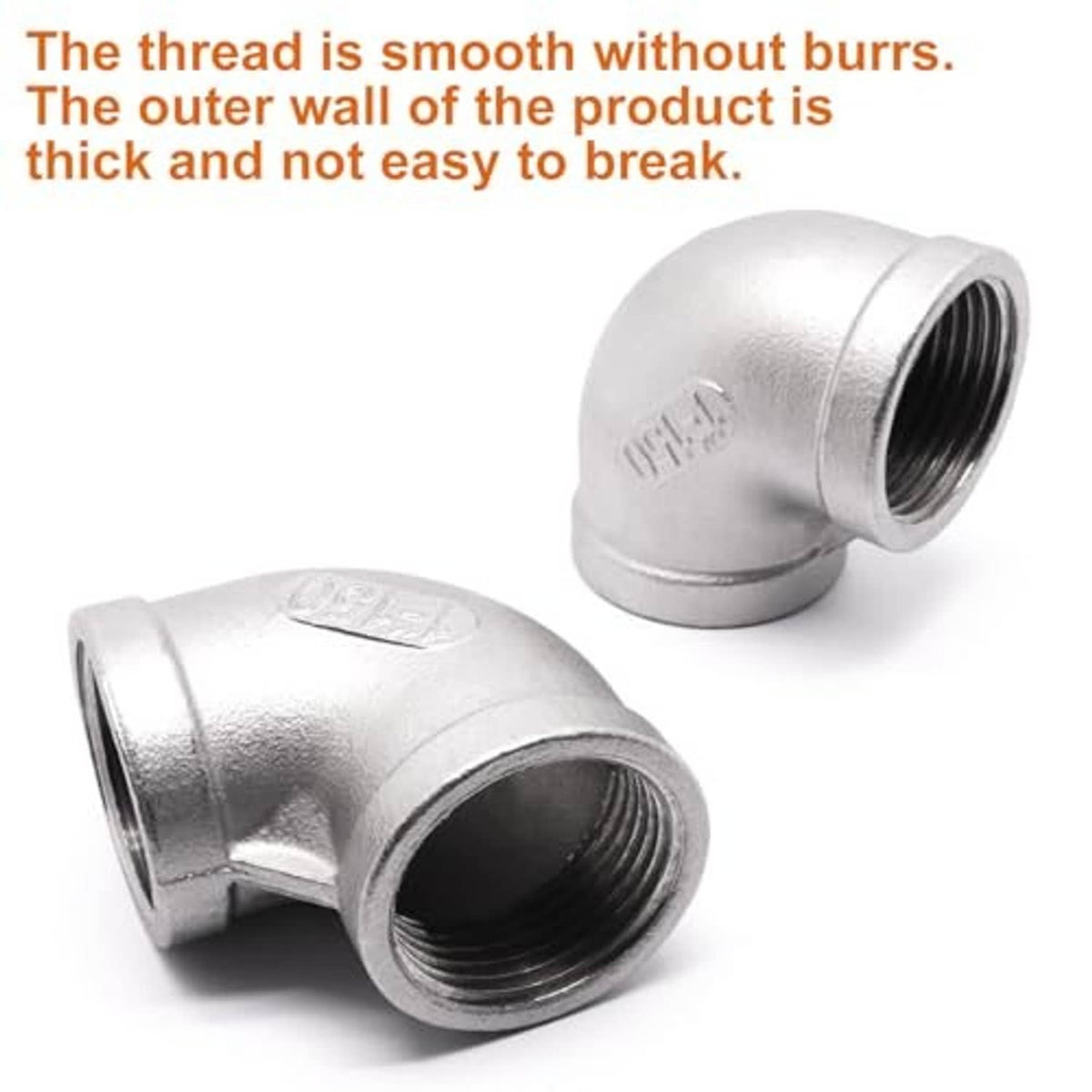 Stainless steel 90° elbow fitting with smooth NPT threads and thick outer wall