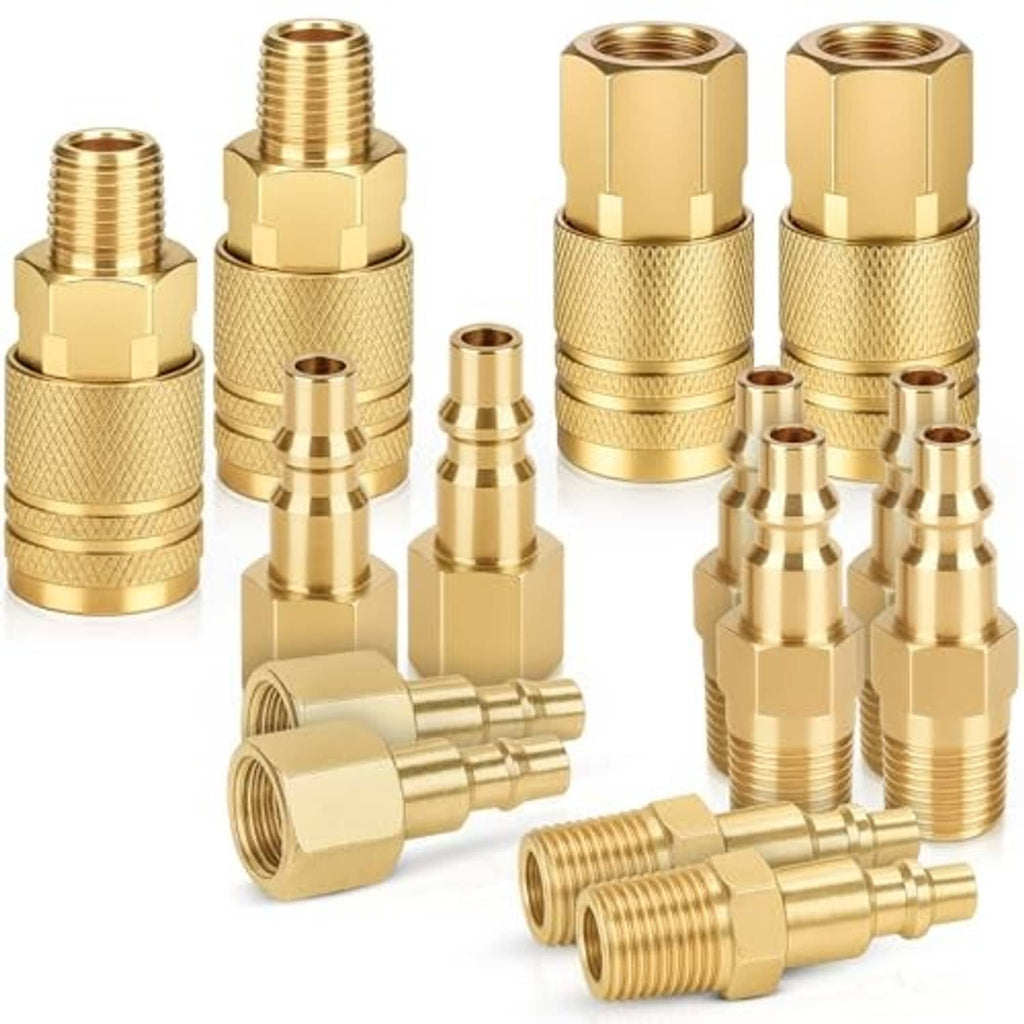 Assorted brass air hose fittings with threaded NPT ends, couplers, and plug pieces