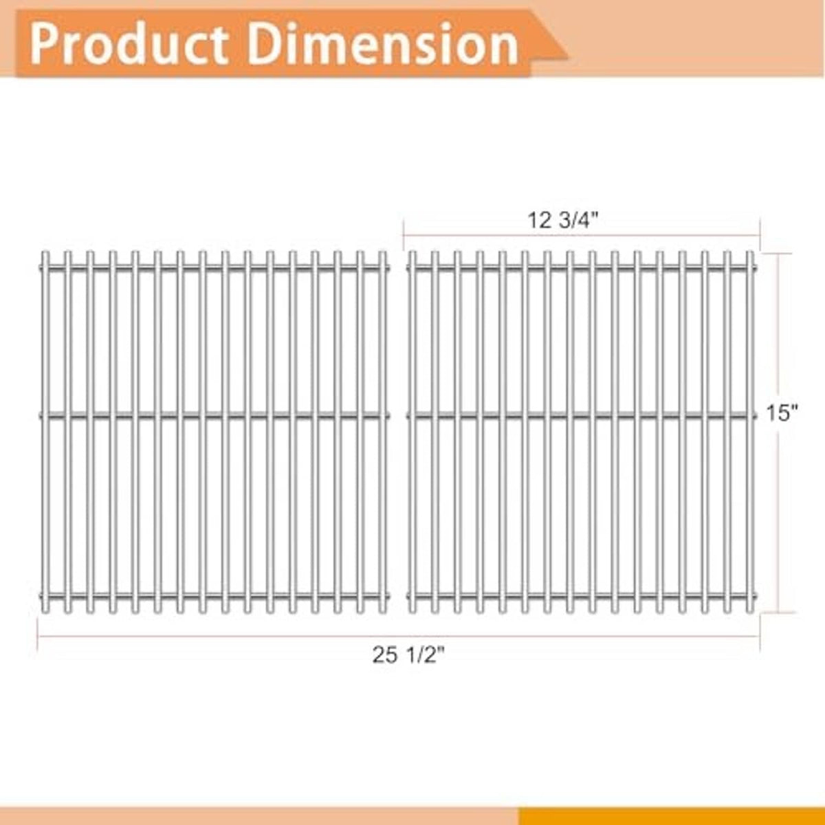 Two-piece stainless steel rod cooking grate set for grill replacement, side-by-side