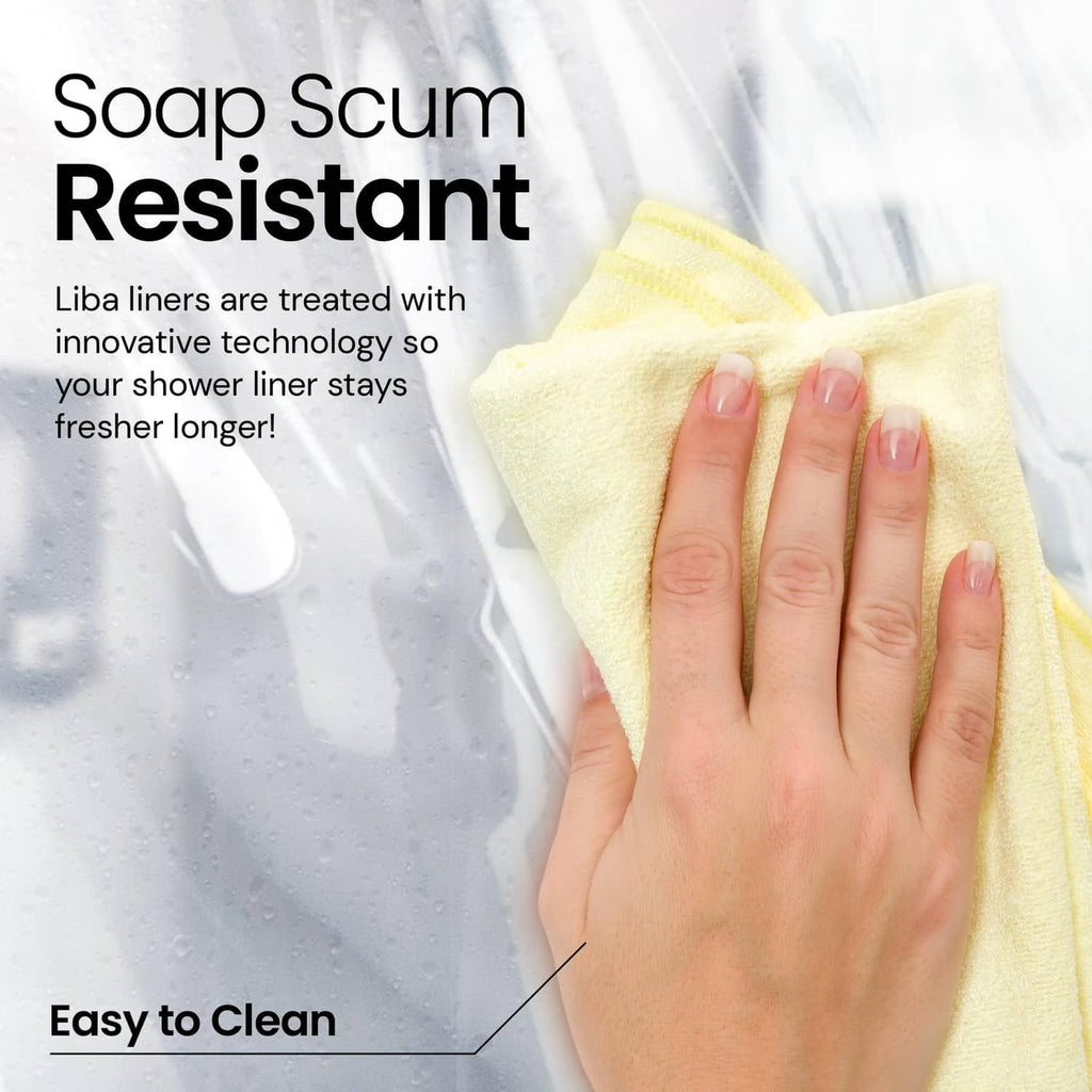 Clear shower liner being wiped with a yellow cloth to clean water spots
