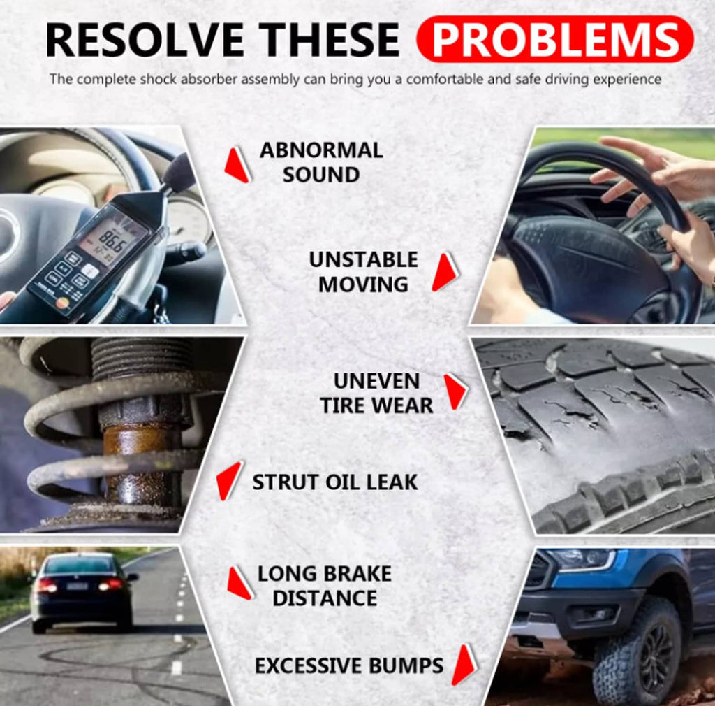 Shock absorber problems infographic showing uneven tire wear, oil leak, and abnormal sound icons