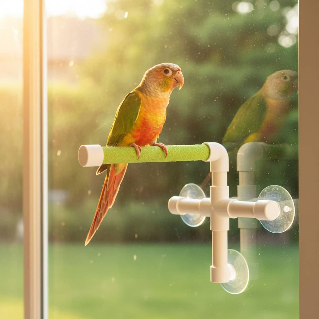 Bird perched on green padded rod of a white suction cup window perch for birds.