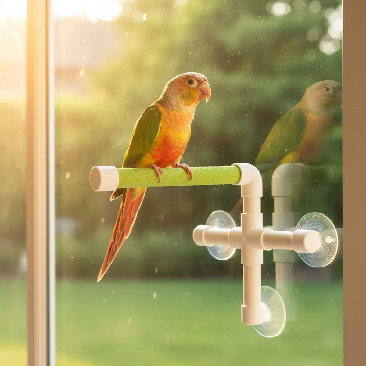 Bird perched on green padded rod of a white suction cup window perch for birds.
