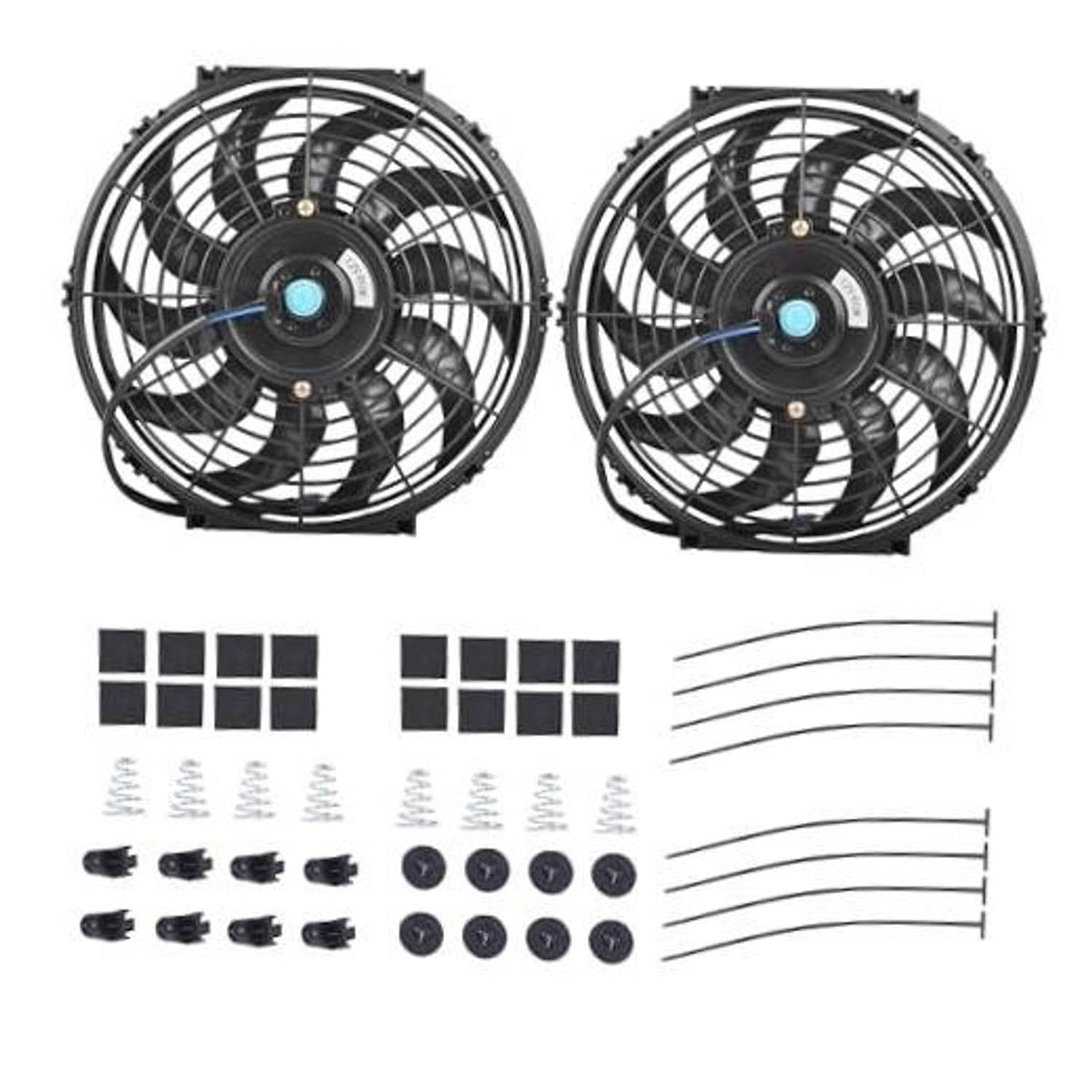 12-inch radiator cooling fan with black grille and blue center hub, front view