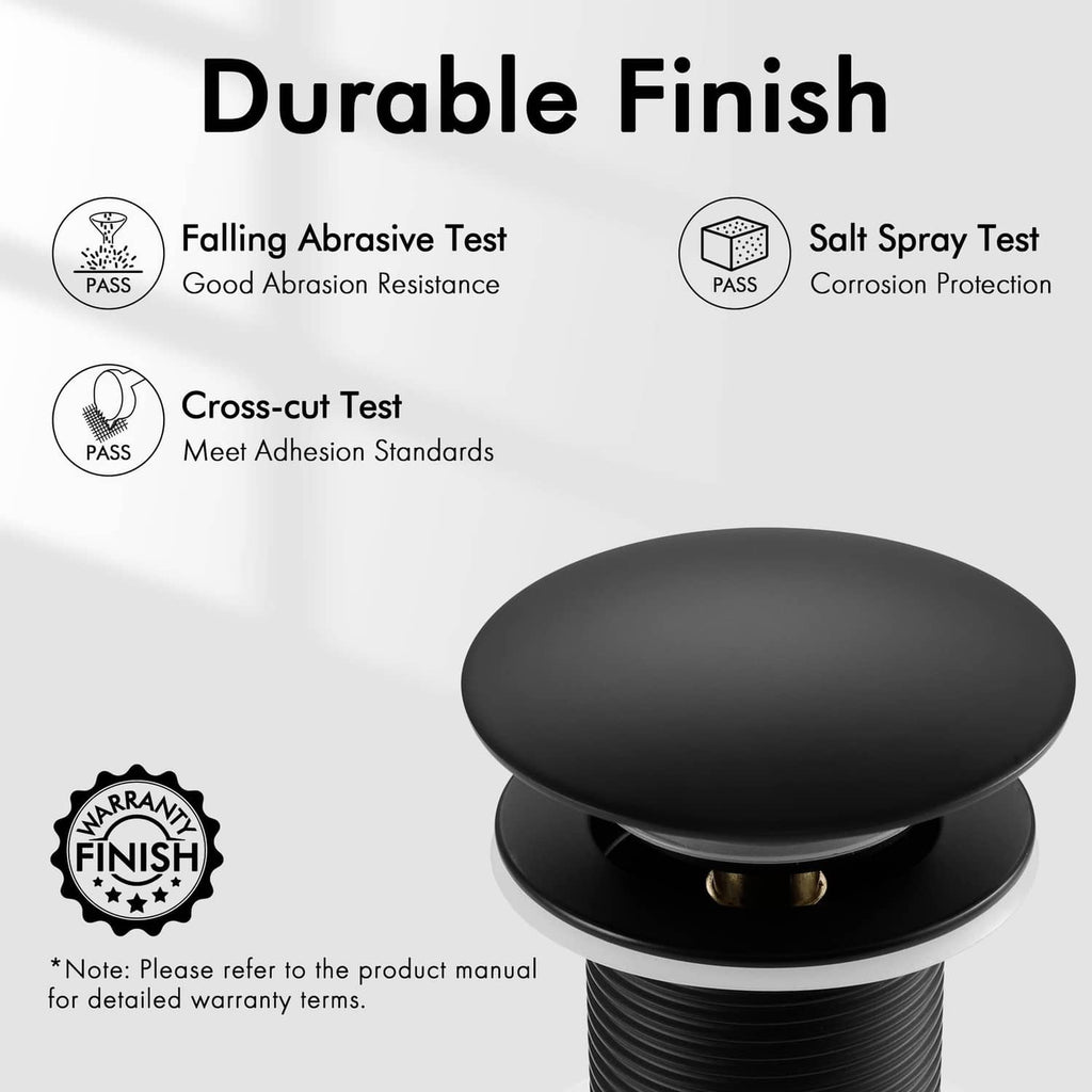 Matte black pop-up sink drain stopper with smooth dome top and threaded base